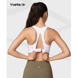 Yvette Women's Sports Bra, Strong Hold with Mesh, Racer Back, Without Underwire, Padded, Fitness Bra, White, 3XL large sizes