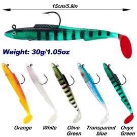Alwonder 3pcs Sandeel Fishing Lures 15cm/30g Jig Head Soft Lure with Paddle-Tail Swimbait Pre-Rigged Fishing Lure Tackle for Predators Bass Pike Trout Perch Olive Green
