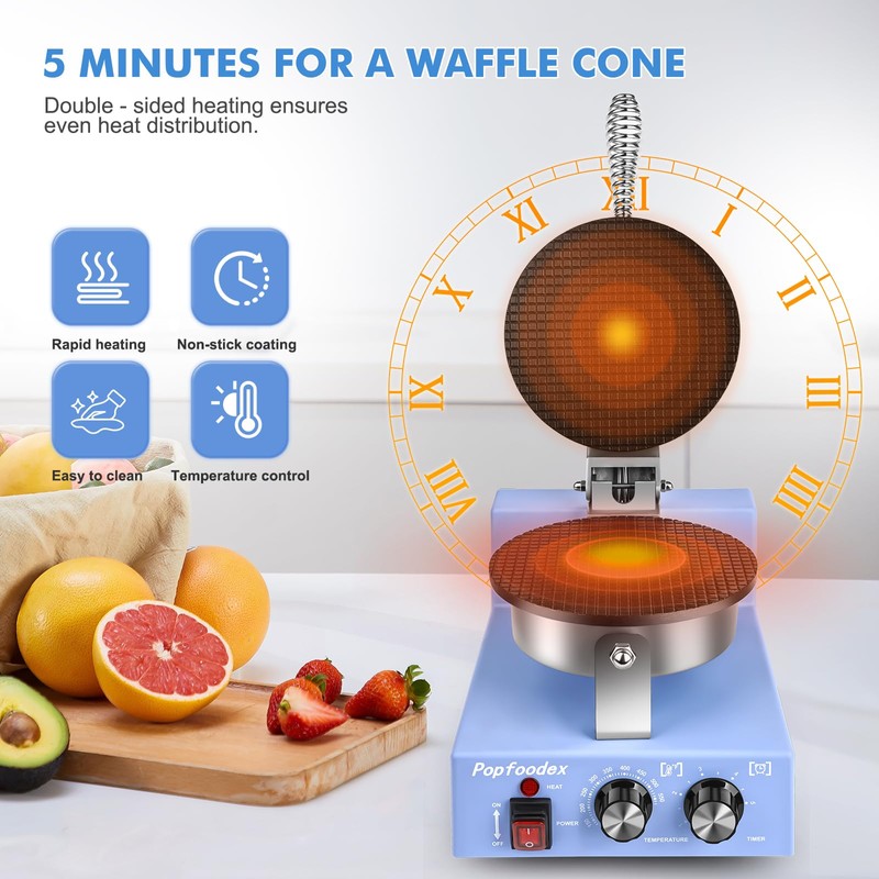 Popfoodex Commercial Waffle Cone Maker - 1200W Commercial Ice Cream