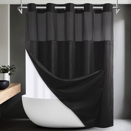 SORTTO No Hook Shower Curtain with Snap in Liner Set Waffle Shower Curtain for Bathroom Hotel Style Fabric Waterproof Inner Liner，71" W x 74" H, Black