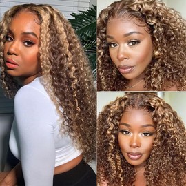 Ombre Brown Human Hair Bundles Highlight Human Hair Bundles #4 Deep Wave Bundles 12 14 16 Inch P4/613 Bundles Two Tone Brown Mix Blonde Bundles Brown Soft and Shiny Hair Extensions