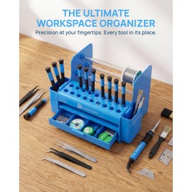 DXTTOOP Multifunctional Repair Tool Organizer - ABS Storage Rack with DrawerScrewdriver Slots & Side Compartments for Electronics, RC Hobby & Workbench Organization-Blue