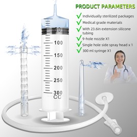 300ML Enema Syringe Cleaning Douche System，Travel Enema Kit for Colon Cleansing，Douche Enema Kit for Women & Men with 2 Nozzles ，with 23.6in Hose