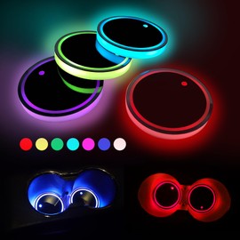 CmeRto 4pcs LED Car Cup Holders, Waterproof Cup Holder with 7 Colors Changing USB Charging Mat, LED Interior Atmosphere Lamp Decorations with 2pcs USB Cables for Car Truck Vehicle Accessories