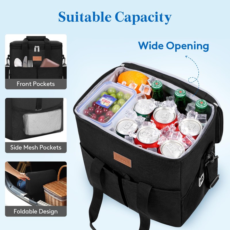 Lifewit Insulated Cool Bag with 30-Can Capacity, Black