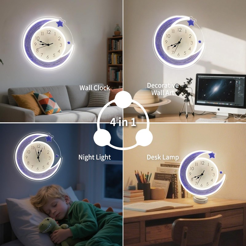 COLORNEON Silent Moon Neon Clock with Dimmable Light - 4-in-1