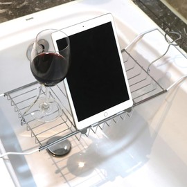 BDL Bathtub Caddy Tray Expandable Bath Tub Table with Wine Holder, Free Soap Dish and Laptop Reading Rack, Bathtub Tray for Home (Silver)