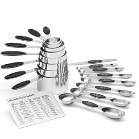 Measuring Cups 17-Piece Stainless Steel Measuring Set, Measuring Cups and Spoons with Leveler, Magnetic Conversion Chart, Black