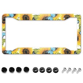 GUWEI License Plate Frames Blue Butterfly Sunflower License Plate Holder Funny Aluminum Vintage Front Car Frame Cover Decor with 4 Holes for Women Men(GW-14)