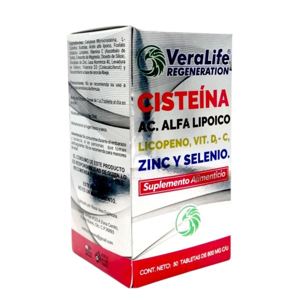 Veralife Regeneration Cisteína con Acido Alfa Lipoico, Licopeno, Zinc,Selenio y Vitamina C ,D3, 50 Tabletas