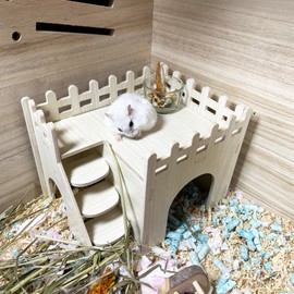 Hamster Maze Wooden House Hamster Hideout Hut Cage Accessories with Ladder and Platform for Syrian Hamsters Dwarf Gerbil Mouse