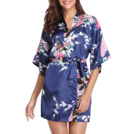 Vlazom Women's Dressing Gown Kimono Satin Robe Short Nightwear V Neck Dressing Gown with Belt - xxl