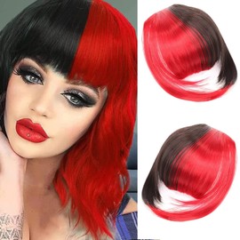 Bangs Hair Clip in Bangs, Hair Extensions Bangs French Bangs Hairpieces Clip on Air Bangs Curved Bangs for Women (French bangs, Black and red)