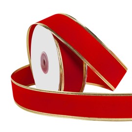 RUSPEPA Wired Christmas Holiday Ribbon - Red with Gold Edges Velvet Ribbon - 38 mm x 22 m Each Roll