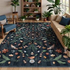 Lanffia 8x10 Boho Rugs for Living Room, Black Soft Washable Rug Non Slip Non Shedding for Bedroom, Insect Botanical Large Nature Floor Carpet for Playroom Home Office
