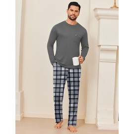 Ekouaer Men's Winter Pyjamas 2 Piece Round Neck Homewear Set Long Sleeve Pajama Sets with Elastic Waistbands, Dark Gray, S