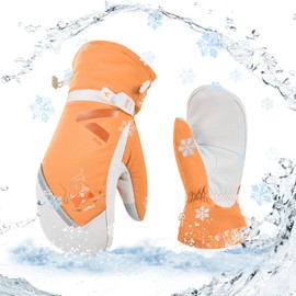 Vgo... 1Pair -20℃/-4°F or Above Age 9-10 Warm Ski Gloves for Girls, Mitten Design,Goat Leather Winter Snow Gloves,Outdoor Waterproof Gloves(Szie XS,Orange,GA2475FLWP)