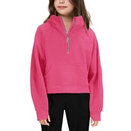 Girls' Hoodies Sweatshirts Half Zipper Pullover Crop Tops for Teen Girls Long Sleeve Sweater Thumb Hole Rose Red