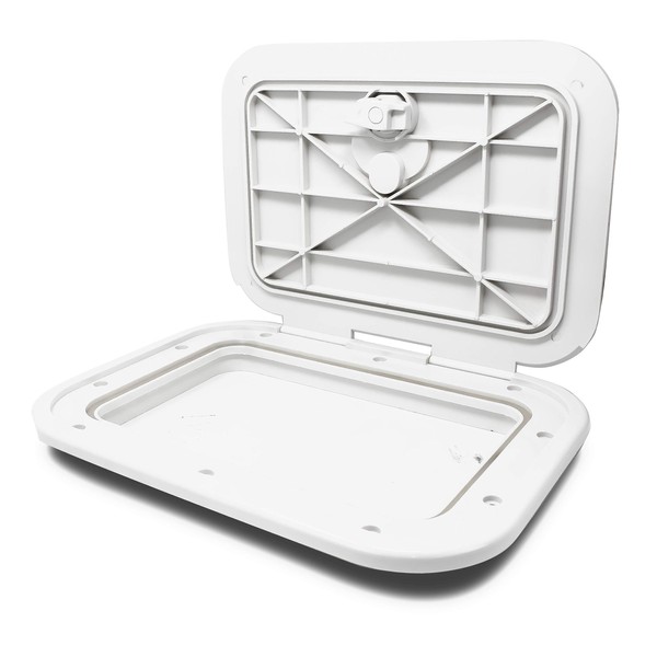 Five Oceans Marine Deck Access Hatch with T-Handle, Locking Slam Latch, 10-7/8 inches (276mm) x 14-3/4 inches (375mm), Off-White, UV-Resistant ABS Plastic, 180-Degree Locking Hinges, FO-2078
