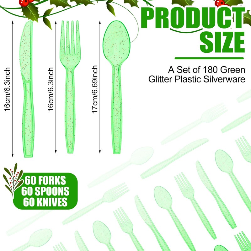Lasnten 180 Pieces Glitter Plastic Silverware Set Red Green Colorful