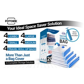 POTORIK Vacuum Storage Bags, 20 Pack (4 Jumbo/4 Large/4 Medium/4 Small/4 Roll) – Space Saver Compression Bags for Clothes, Comforters & Blankets – Durable Double-Seal Vacuum Bags with Hand Pump