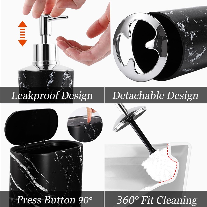 InnJoey Bathroom Accessories Set, 9-Piece Marble Black Bathroom Set, Black