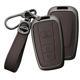 HIBEYO 3 Button Key Fob Cover Compatible with Toyota 4Runner 2016-2024 RAV4 Camry Prius Prado Key Leather & Alloy Key Cover Accessories with Keychians-A Keychain Brown