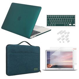 iCasso Case Compatible with MacBook Air 13 inch Case 2010-2017 Release Model A1369/A1466 Bundle Set, Plastic Hard Case Shell, Sleeve Bag, Screen Protector, Keyboard Cover and Dust Plug - Dark Cyan