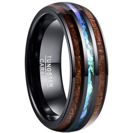 Vakki 6mm/8mm Tungsten Rings for Men/Women, Hawaiian Koa Wood Inlay, Dome, Abalone Shell/Blue Center Wedding Bands, Comfortable Fit, Size 4 to 17, Tungsten Carbide, Opal