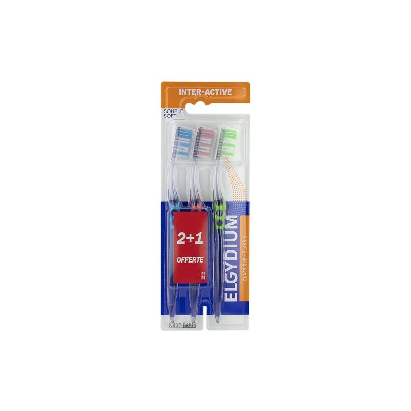 Elgydium Inter-Active Soft Toothbrush Pack of 3 Toothbrushes