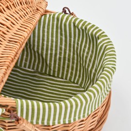 Wicker Picnic Basket with Lid and Handle Sturdy Woven Body with Washable Lining,Green Stripe