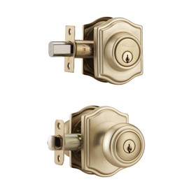 NCSEN Brushed Gold Door Knobs with Camelot Trim, Exterior Door Lock Set with Deadbolt Keyed Alike, Coastal Style Exterior Door Knob for Bedroom