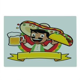 Ambesonne Mexican Cutting Board, Latino Man Holding Cold Beer and Tacos Restaurant Poster Style Funny Cartoon Print, Decorative Tempered Glass Cutting and Serving Board, Large Size, Multicolor