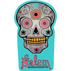 Die Cut Sticker Salem, Massachusetts, Sugar Skull (Aqua Background), Contour Vinyl Sticker 1 to 3 inches (Waterproof Decal for Cars, Water Bottles, Laptops, Coolers), Small