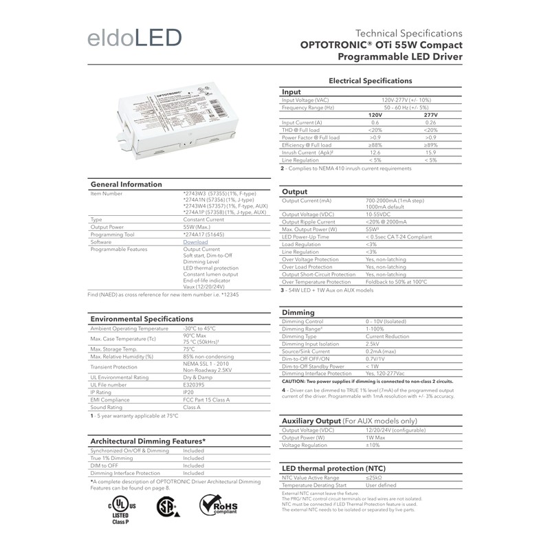 eldoLED | *274A1P Oti55W/120-277/2A0/DIM-1/J AUX | LED Driver | Replacement