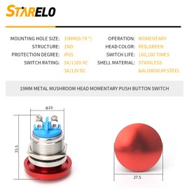 STARELO 19mm Momentary Push Button Switch Mushroom Head,Stainless Steel Metal IP65 Waterproof 2Pin SPST 1NO 5A 250V AC 12V 24V 36V DC 0.74'' Mouting Domed Screw Terminal （Red).