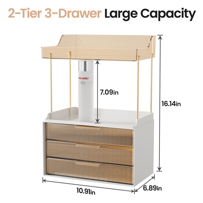 Delamu Bathroom Organizers and Storage, 2 Tier 3 Drawer Makeup