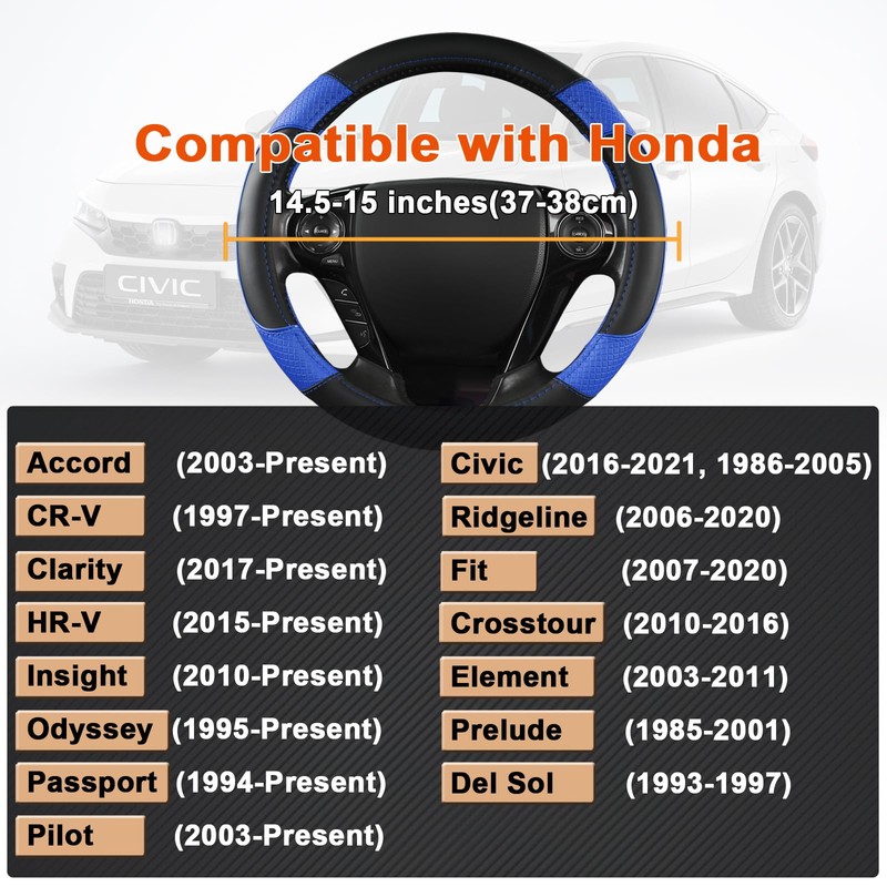 GIANT PANDA Microfiber Leather Steering Wheel Cover for Honda Accord,Civic,CR-V,HR-V,Pilot(Diamond-Pattern-Black+Blue-Standard