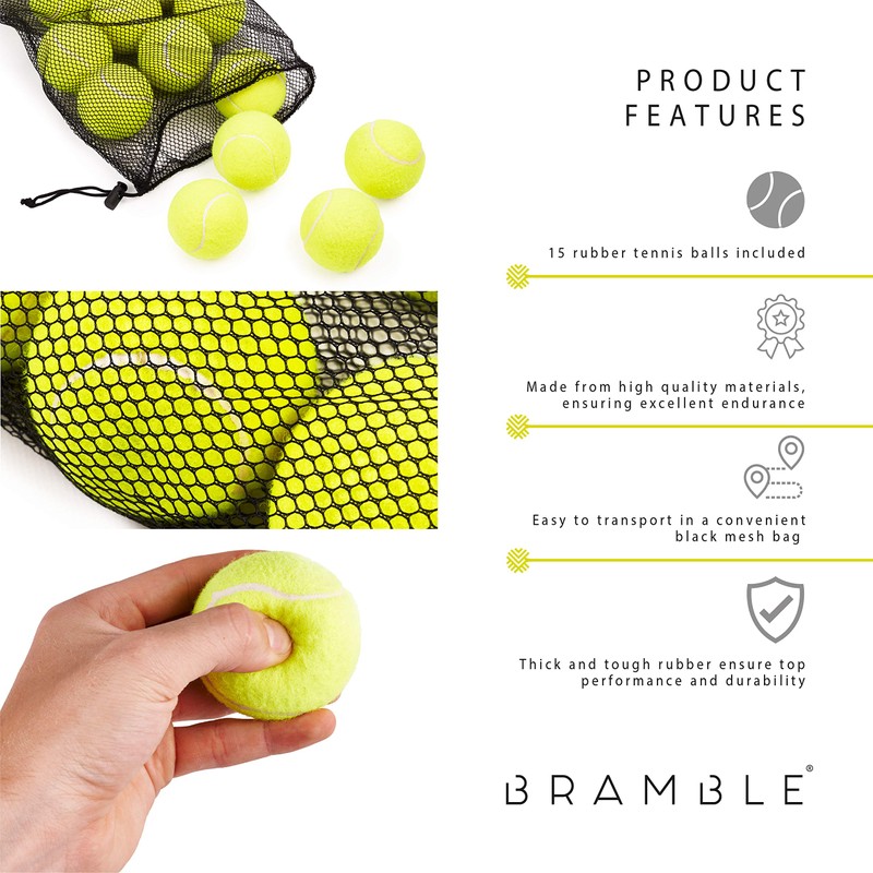 Bramble 15 Tennis Balls with Mesh Bag, 6.5cm Diameter, Classic