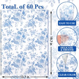 60 Sheets Blue White Floral Tissue Paper, 20x14 Inch Chinoiserie Peony Printed Gift Wrapping Tissue for Vantage Wedding Birthday Bridal Shower Party Decor (Blue)