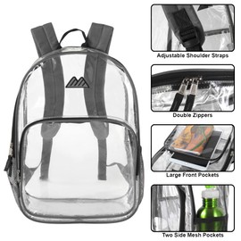 Summit Ridge Waterproof Clear Backpack with Water Bottle Holder Stadium Approved Heavy Duty Clear See Through Backpack (Grey)