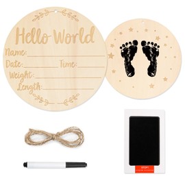 Wooden Baby Announcement Sign,Round Wooden Hello World Baby Sign,Newborn Welcome Sign,Comes with Ink pad with Baby Hand and Footprints Newborn Photo Prop Sign, Nursery Baby Name Sign