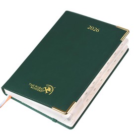 POPRUN Premium 2026 Diary A5 Per Page a Day - Hardback PU Leather Daily 26 Planne, Day to Page Appointment Book with 30 Minutes Interval, Monthly Tab (Foest Green）