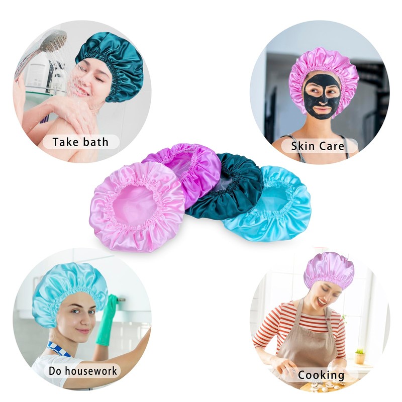Shower Caps for Women, 4 PCS Elastic and Reusable Bath