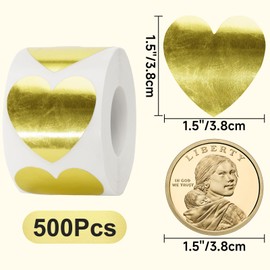 Anwyll Heart Stickers,500Pcs 1.5Inch Metallic Gold Foil Heart Stickers for Kid Reward,Self-Adhesive Heart Love Incentive Stickers Roll for Envelope Birthday Valentines Day Christmas Classroom Teacher
