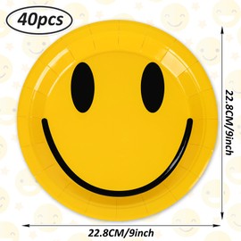 Whaline One Happy Dude Paper Plates Smile Face Disposable Plates Yellow Dinner Plates 9 Inch 1st Birthday Party Plates for Baby Shower Party Supplies Table Decor, 40Pcs