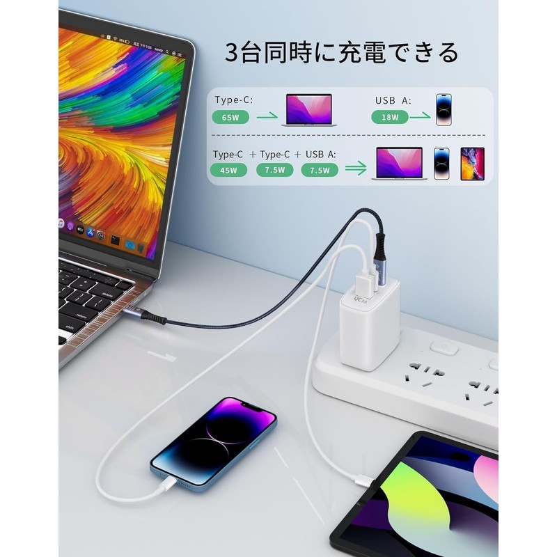 PD Charger, 65 W, USB Type-c Rapid Charger, Lightweight, Compact,