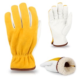 FEISHDEK Winter Work Gloves for Men, Warm Insulated Leather Work Gloves, Cowhide Leather Gloves Working in Cold Weather, Garden Gloves (L)