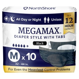 NorthShore MegaMax Adult Overnight Diapers, 12-Hour Tab-Style, Medium, 10 Count Bag, Black, 32-44 inches, Unisex Incontinence Underwear