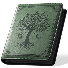 Ovesmusl 1 Inch 3 Ring Binder with Zipper, PU Leather Round Ring Binder Portfolio Holds 200 Sheets 8.5"x11" Letter Size Paper, Wedding Family History Notebook Cover Loose Leaf Organizer, Green Tree